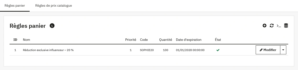 Capture d’écran du back office PrestaShop montrant la liste des règles panier avec le code de réduction nouvellement créé.