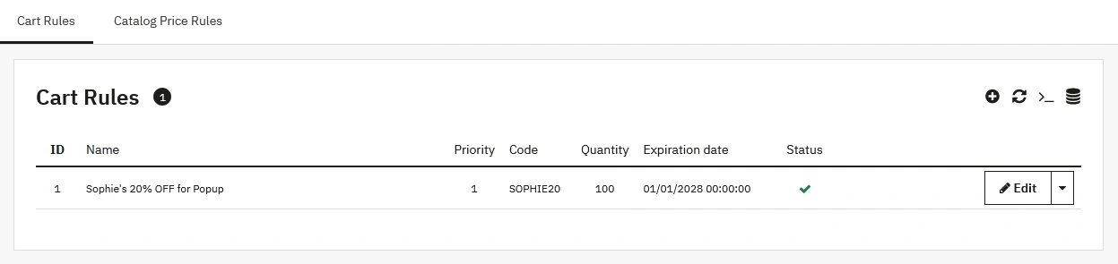 A screenshot of the PrestaShop 'Cart Rules' page, showing the newly created 'SOPHIE20' coupon code specifically for the influencer popup campaign.