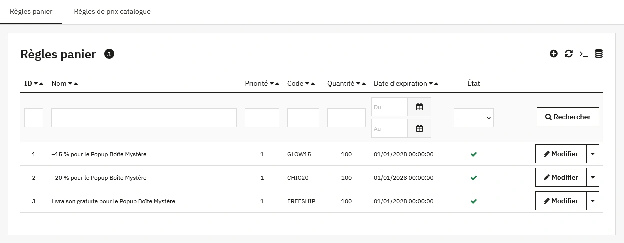 Capture d’écran du back-office PrestaShop montrant les règles panier créées pour chaque récompense de la Boîte Mystère.