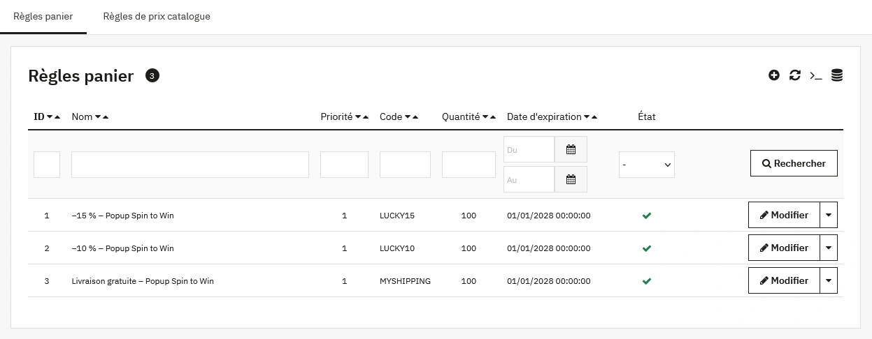 Capture d’écran du back-office PrestaShop affichant la liste des règles panier, avec le code promo « PRODUCT30 » actif pour le popup.