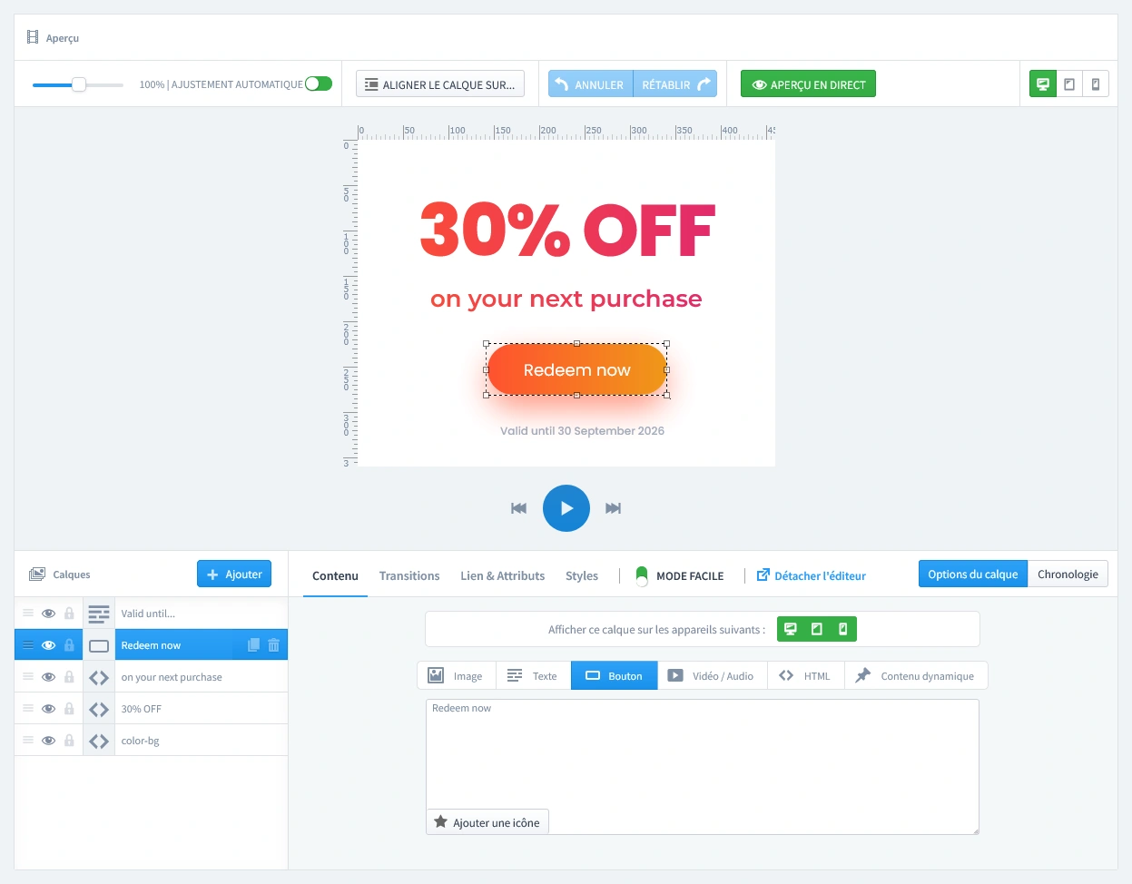 L’éditeur en direct montrant la conception de la première page « Offre » d’un popup de réduction en deux étapes, avec l’offre initiale et le bouton « J’en profite ».