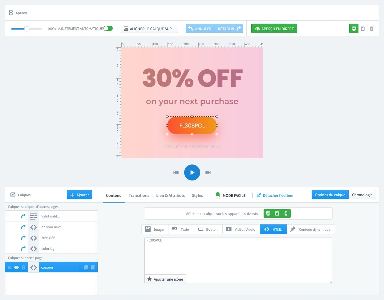 L’éditeur en direct montrant la conception de la deuxième page « Révélation du coupon », affichant le code de réduction après le clic.