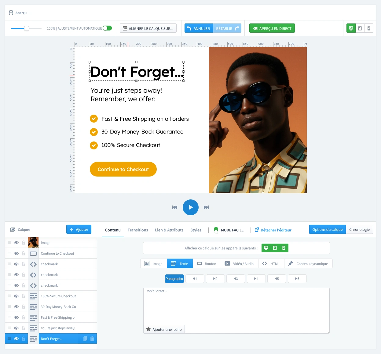 L'interface de l'éditeur visuel du module Creative Popup, montrant comment personnaliser le design, le texte et les calques du popup.
