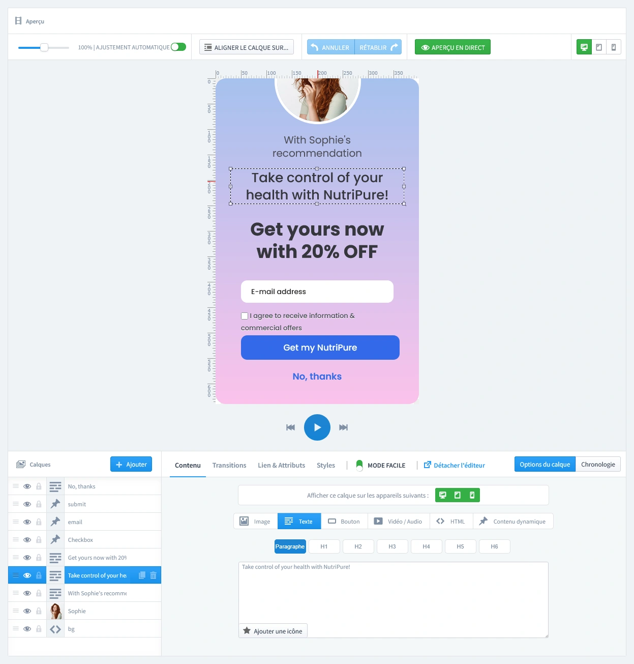 Interface de l’éditeur en direct montrant la conception de la première page de bienvenue d’un popup influenceur, personnalisée avec la photo de l’influenceur et une offre de réduction exclusive.
