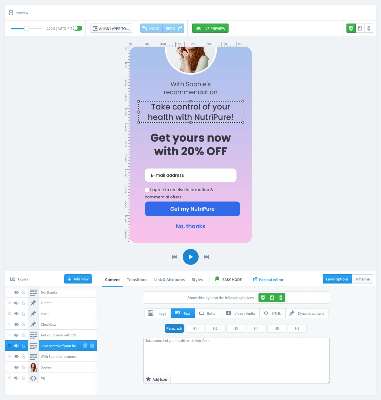 The live editor showing the design of the first 'Welcome' page of an influencer popup, personalized with the influencer's photo and an exclusive discount offer.