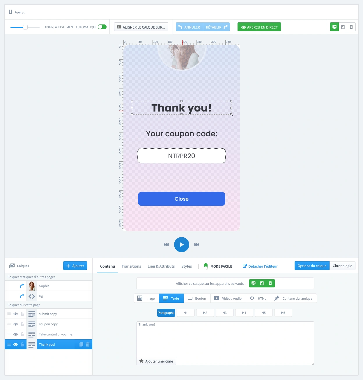 Interface de l’éditeur en direct montrant la conception de la seconde page de révélation du code d’un popup influenceur, affichant le code promo unique après une inscription réussie.