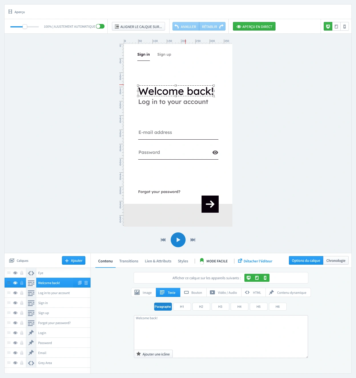 L’interface de l’éditeur en direct de Creative Popup montrant la personnalisation du design, des textes et des calques du popup.