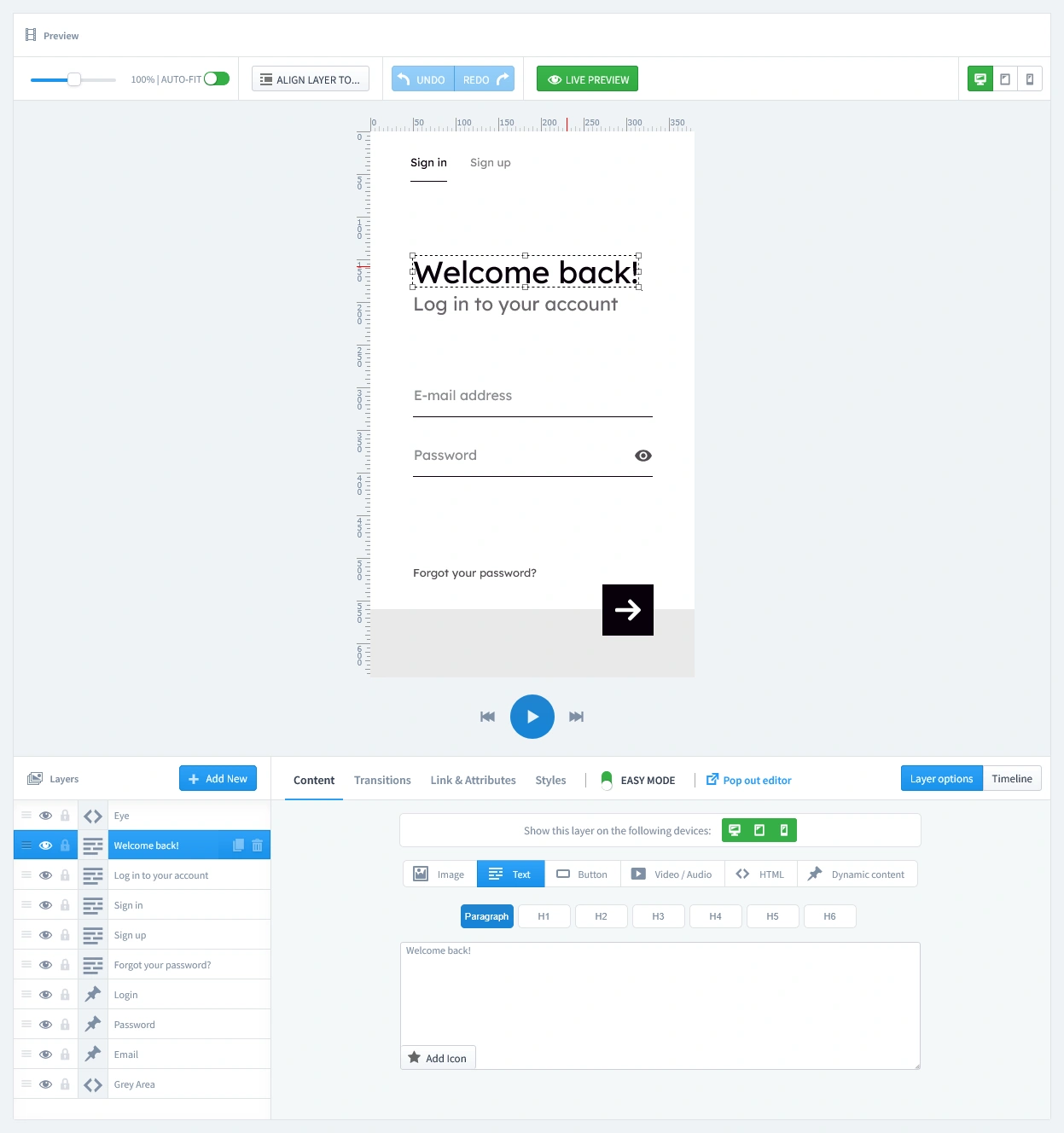 The live editor interface of the Creative Popup module, showing how to customize the design, text, and layers of the popup.