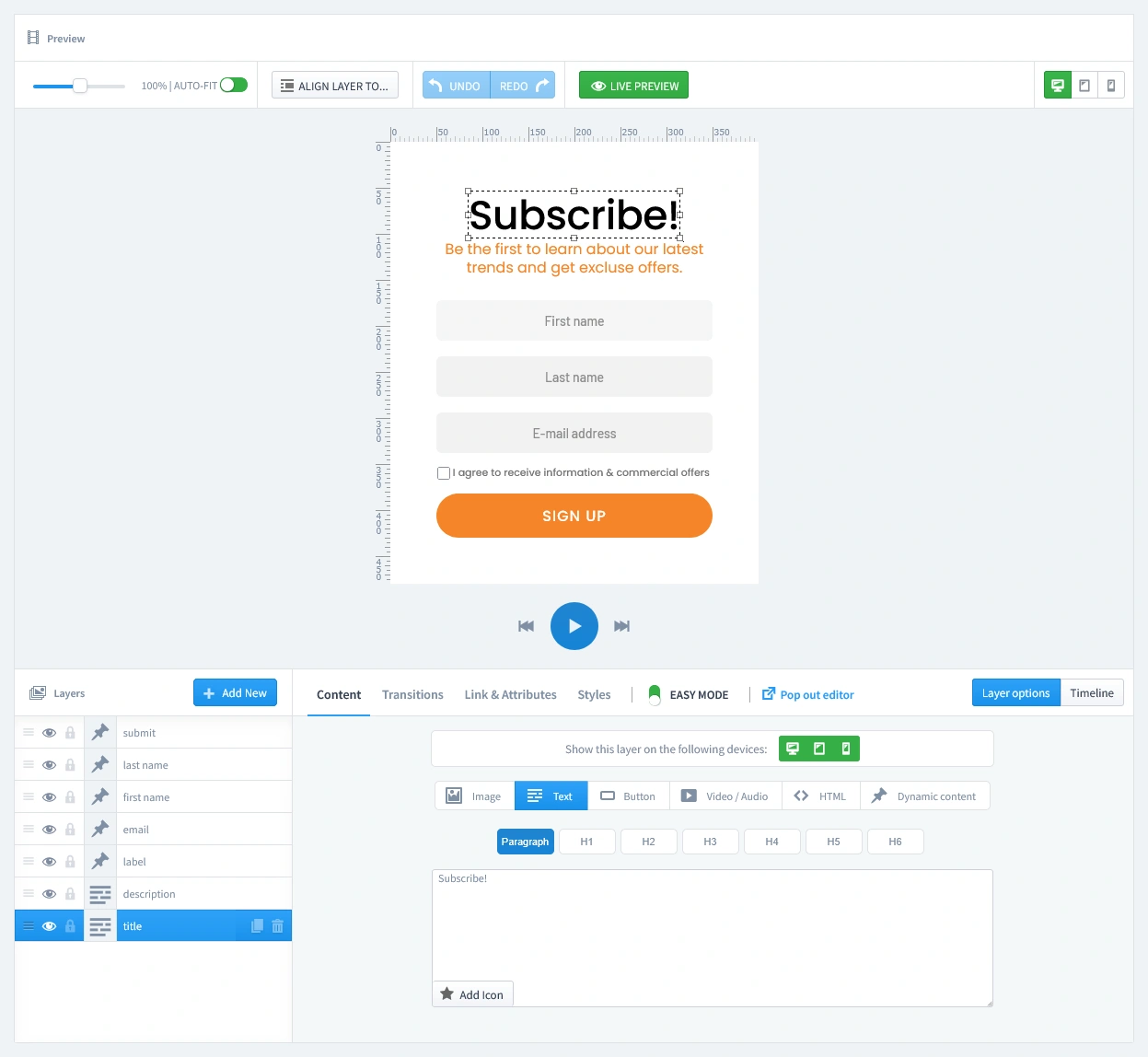 The live editor showing the design of the first page of a Mailchimp newsletter popup, which contains the mandatory first name, last name, and email fields for syncing.