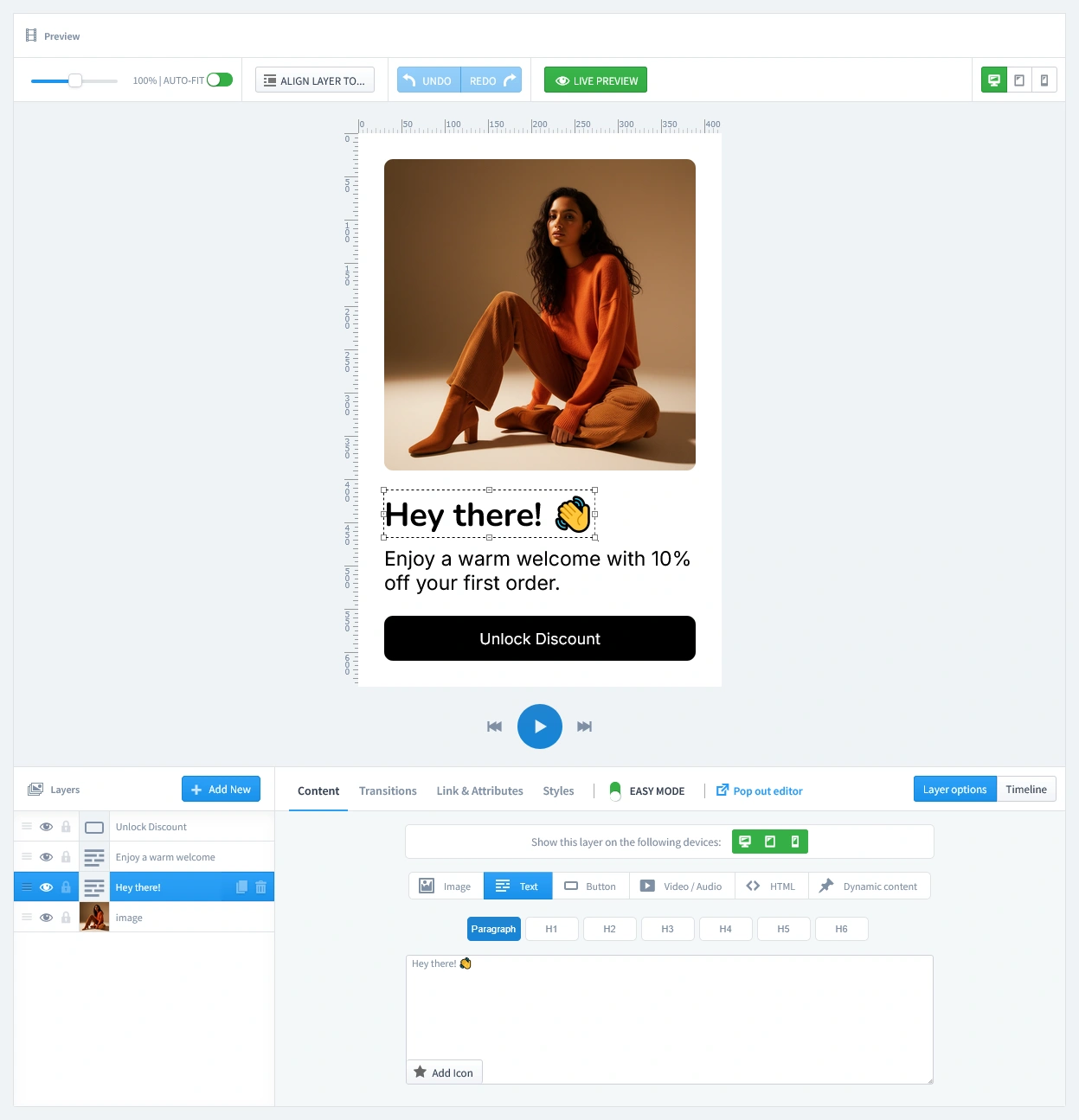 The first 'teaser' page of a multi-step welcome popup, showing the initial low-commitment offer designed to capture a visitor's interest.