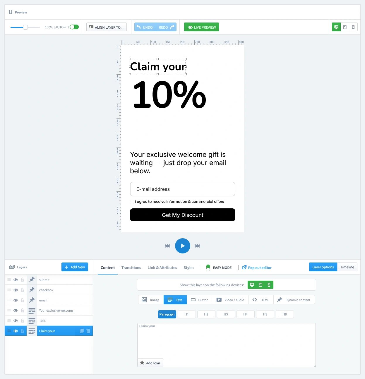 The second 'email capture' page of a multi-step welcome popup, showing the form where a user enters their email address to claim the discount.