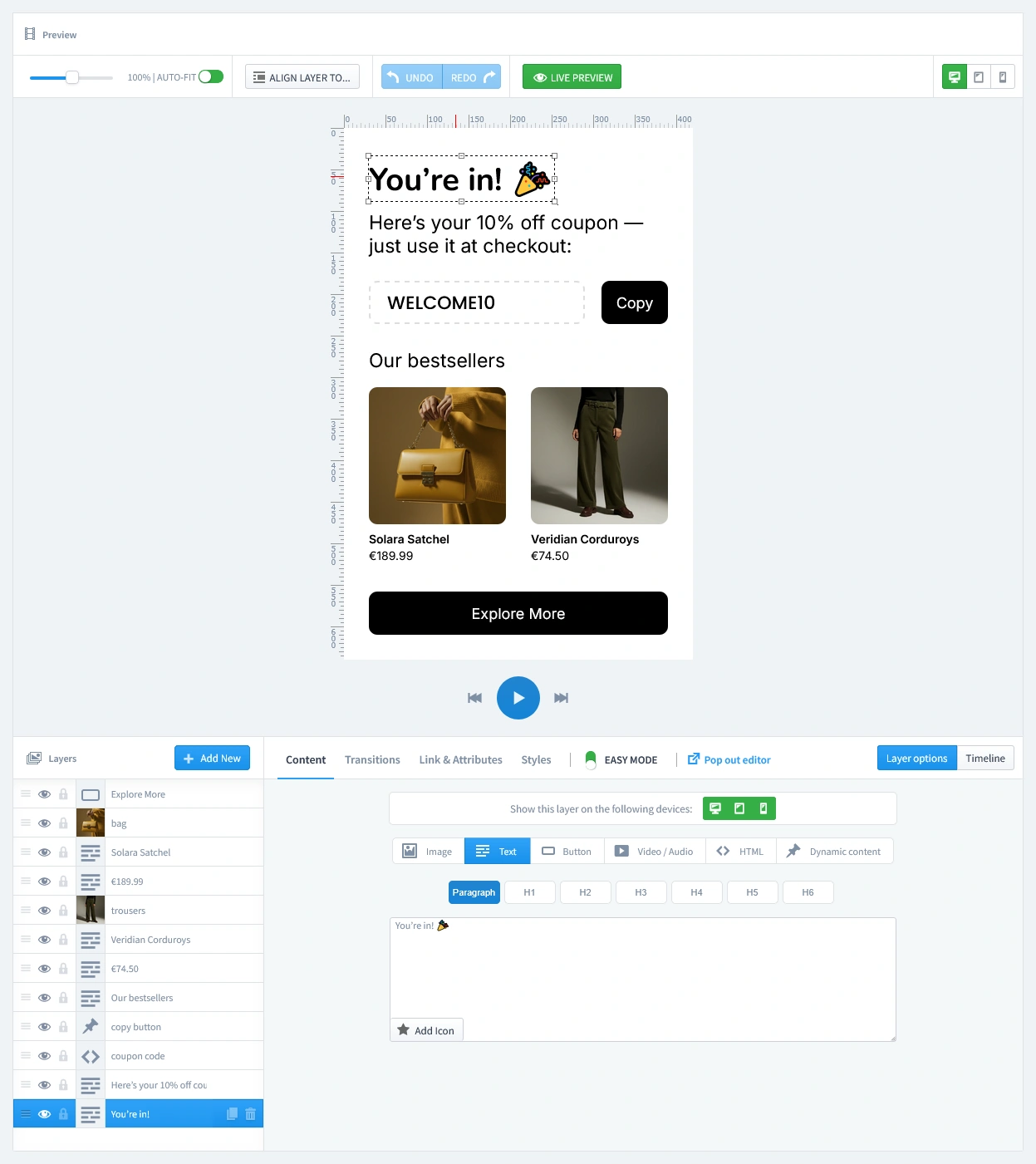 The final 'reward' page of a multi-step welcome popup, showing the revealed coupon code and a section for showcasing bestselling products.