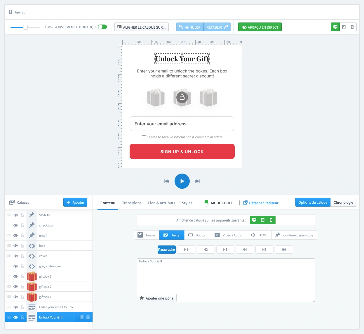L'éditeur en direct affichant la conception de la première page de capture d'email d'un popup boîte mystère, où le visiteur est invité à saisir son email pour débloquer le jeu.