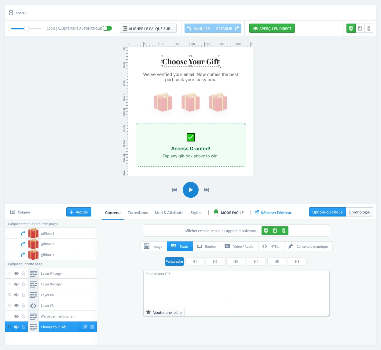 L'éditeur en direct affichant la conception de la deuxième page de choix d'un popup boîte mystère, où l'utilisateur est invité à choisir sa boîte chanceuse après l'inscription.
