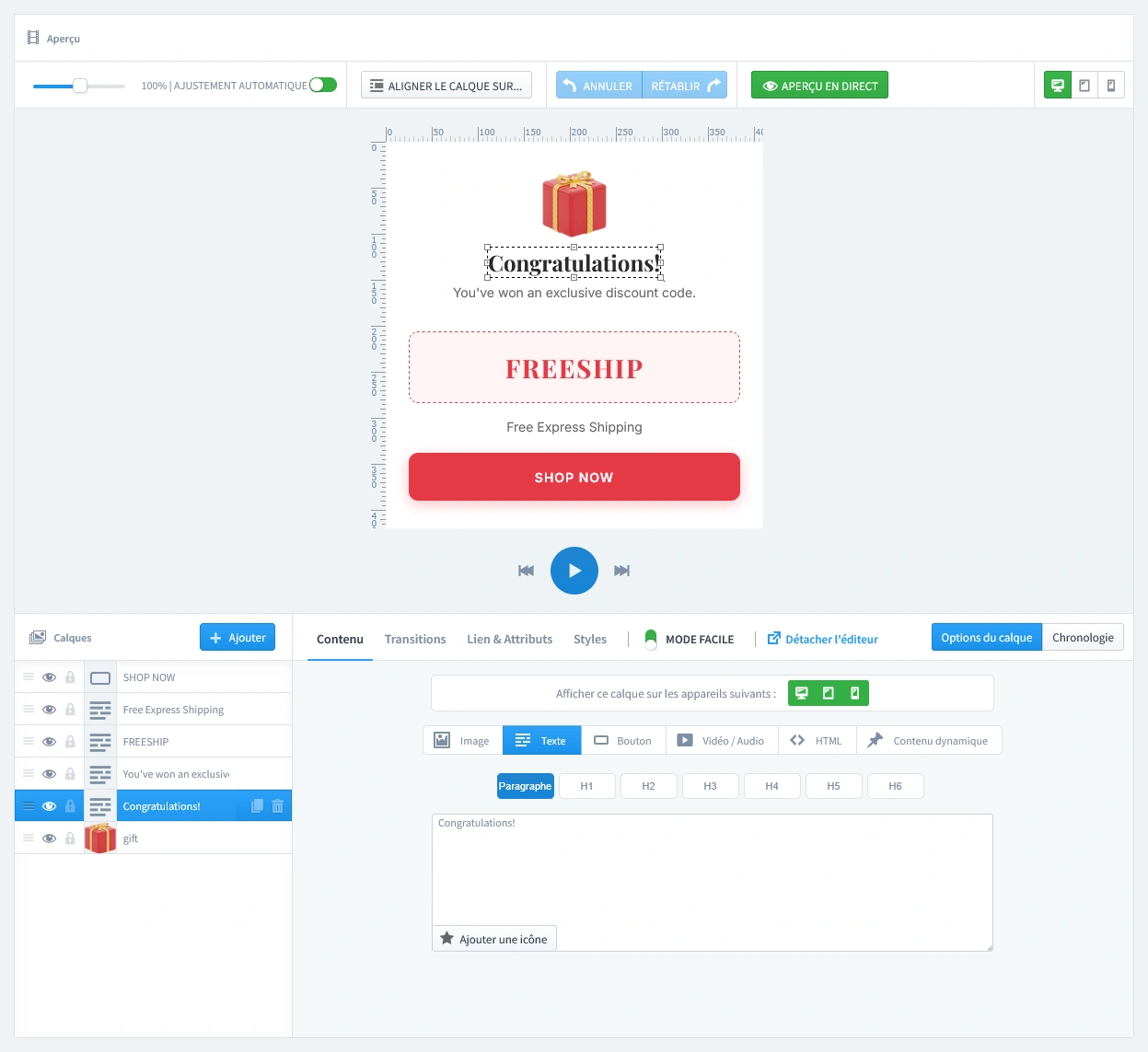 L'éditeur en direct affichant la conception de la page de récompense finale d'un popup boîte mystère, qui révèle le code promo gagné au client.