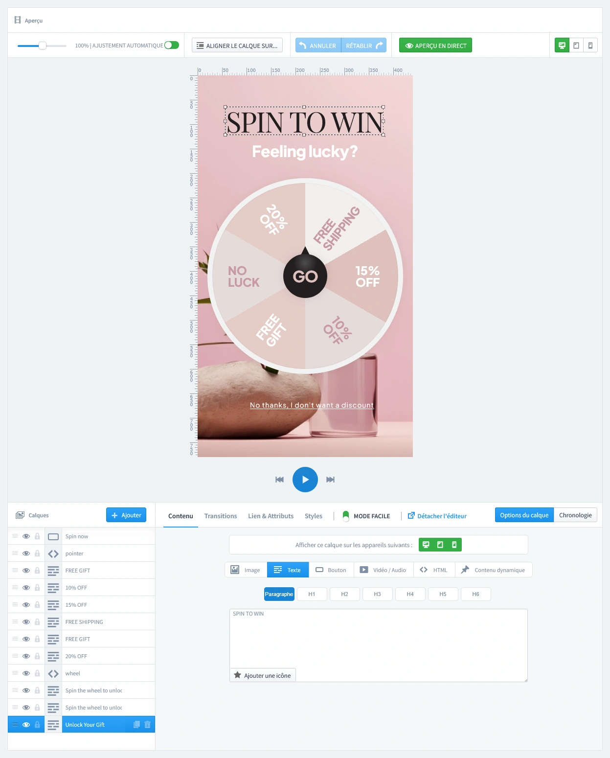 Éditeur visuel affichant la conception de la roue principale Spin to Win, permettant de personnaliser le texte de chaque segment de gain (ex. : « −15 % », « Cadeau gratuit »).