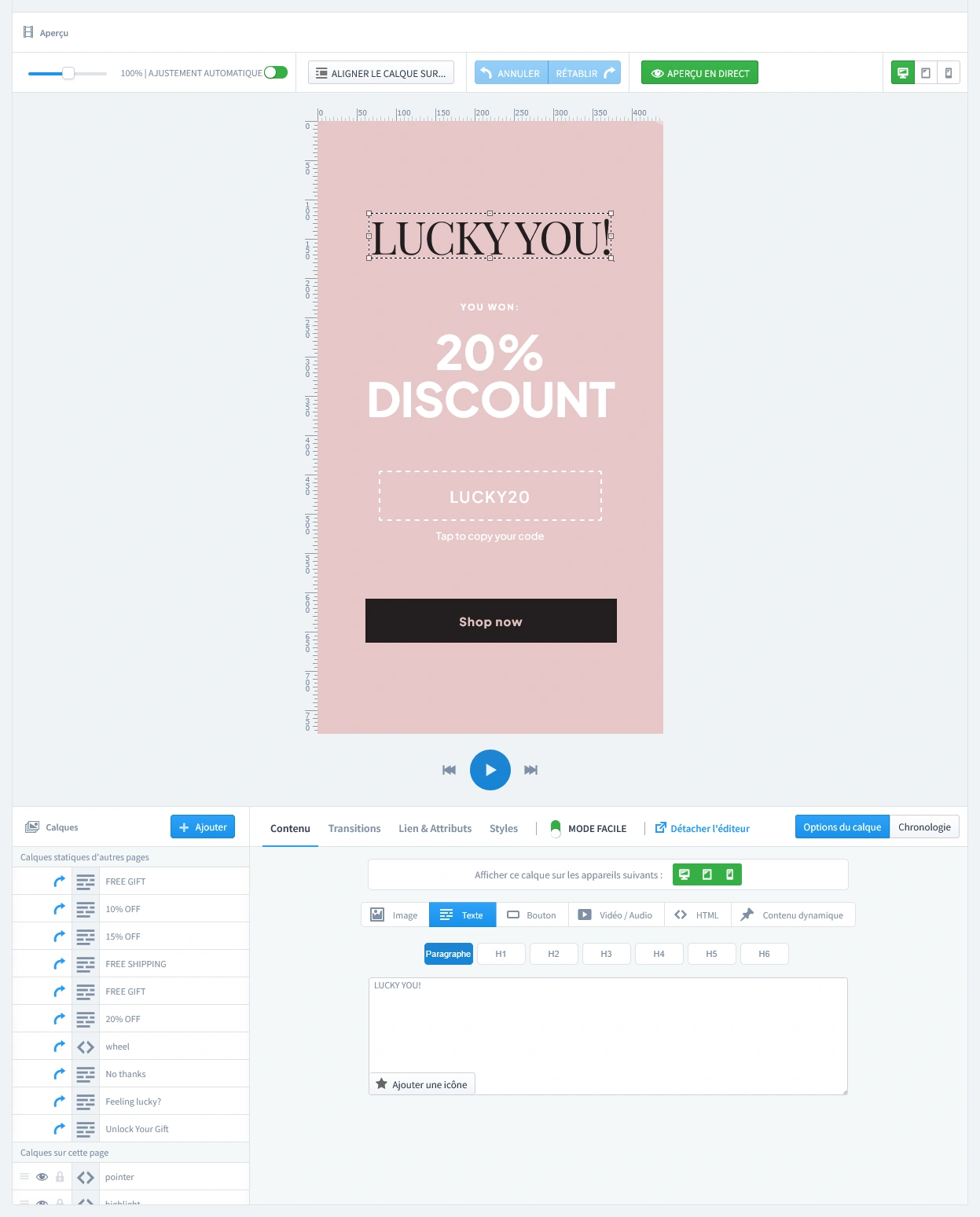 Éditeur visuel montrant la conception d’une page de gain gagnant du popup Spin to Win, avec l’ajout du code promo correspondant et d’un message de félicitations.