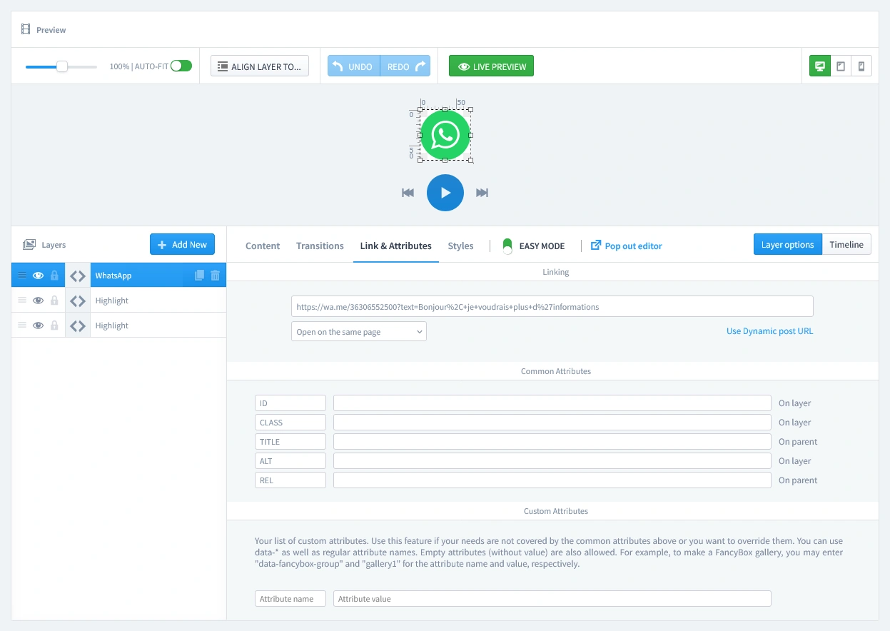 Configuring the link for a PrestaShop WhatsApp popup: showing the 'Links & Attributes' tab where the user enters their wa.me URL to connect the icon to their phone number.