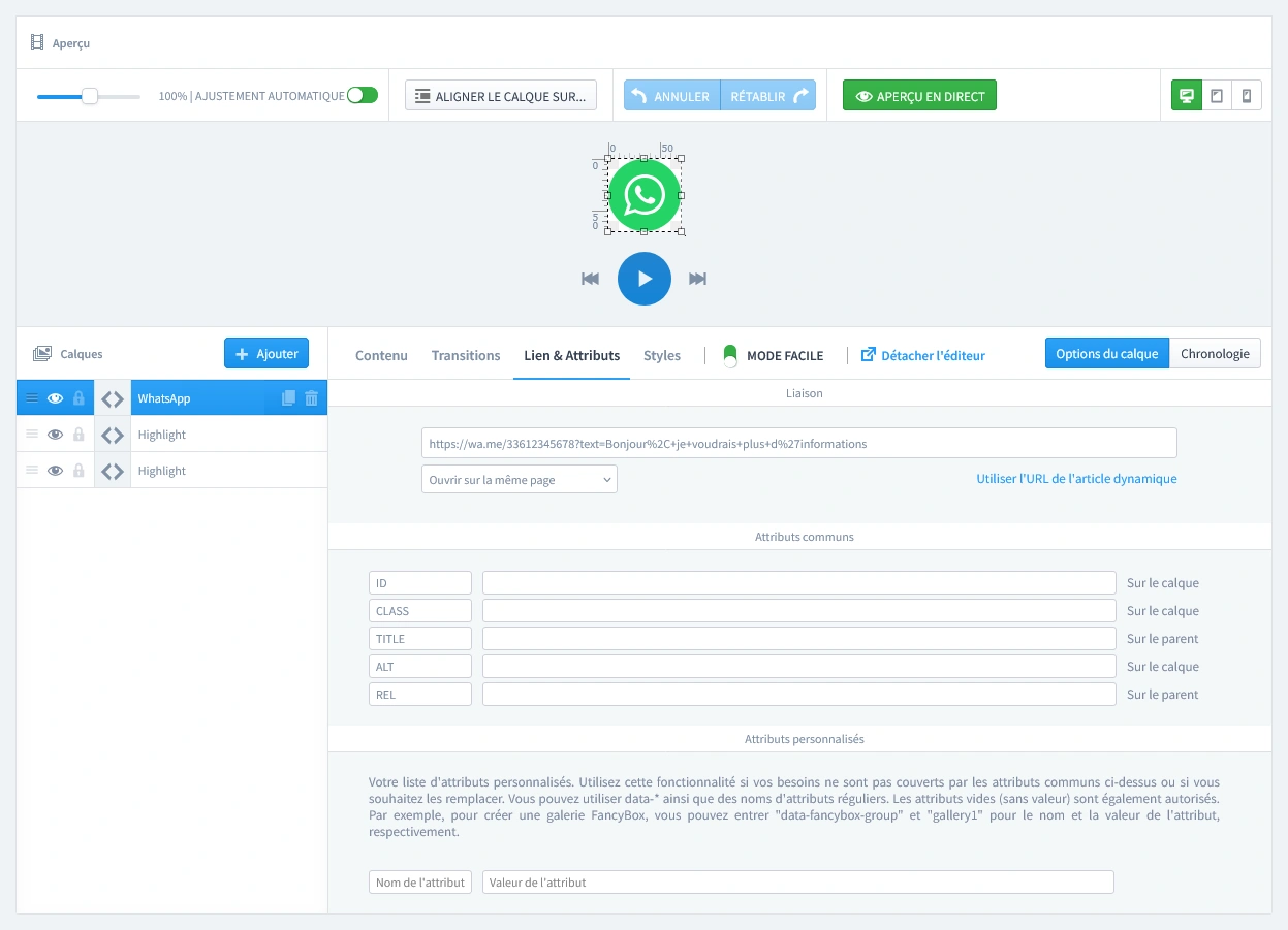 Configuration du lien pour un popup WhatsApp sur PrestaShop : affichage de l’onglet « Liens & attributs » où l’utilisateur saisit son URL wa.me afin de connecter l’icône à son numéro de téléphone.