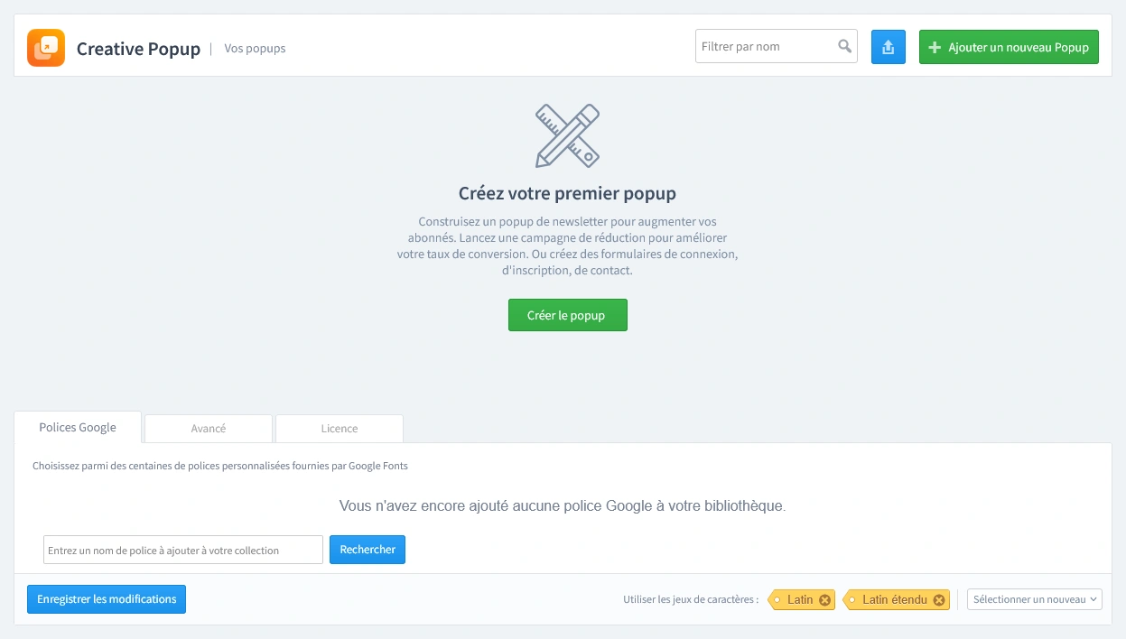 Le tableau de bord Creative Popup dans PrestaShop, affichant l’écran de départ pour créer une nouvelle campagne de popup.