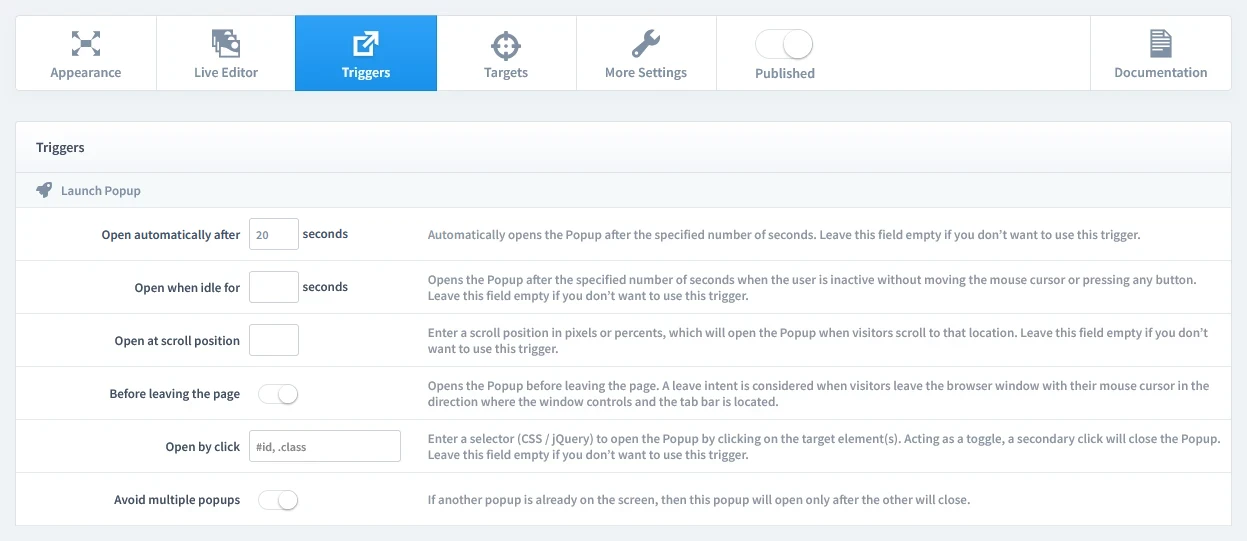 The 'Triggers' tab in the popup settings, highlighting the 'Open automatically after 20 seconds' option for launching the popup.