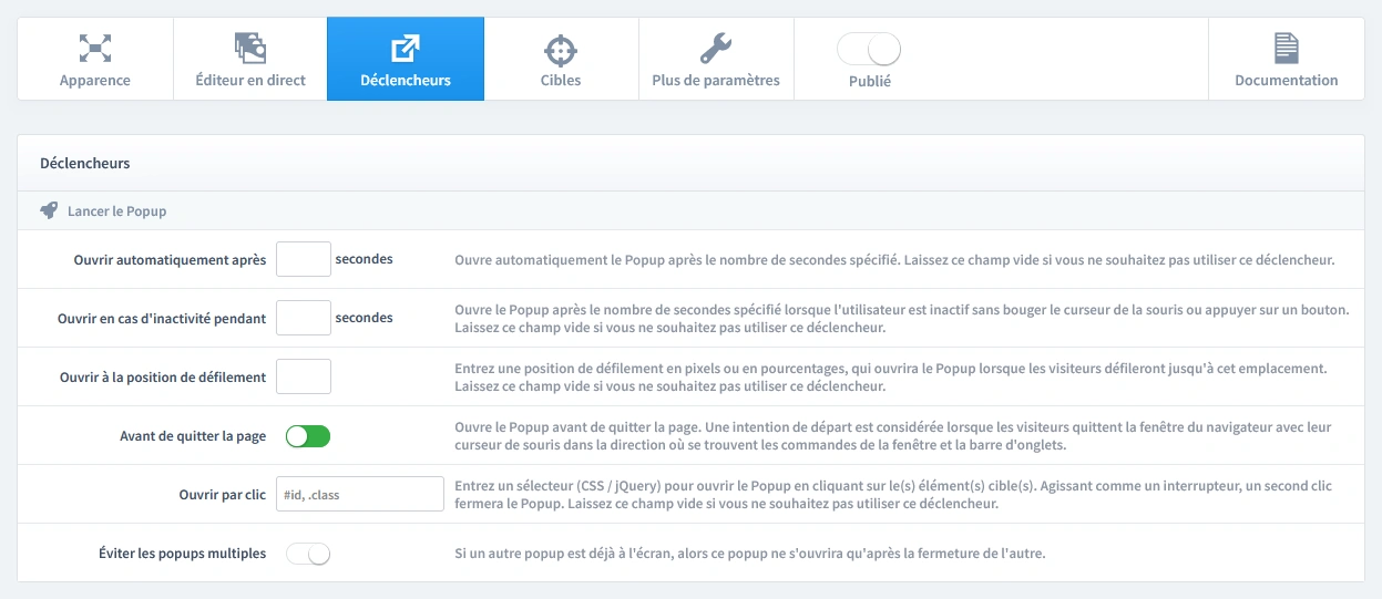 Onglet « Déclencheurs » des paramètres du popup, mettant en avant l’option « Avant de quitter la page » pour activer l’intention de sortie.