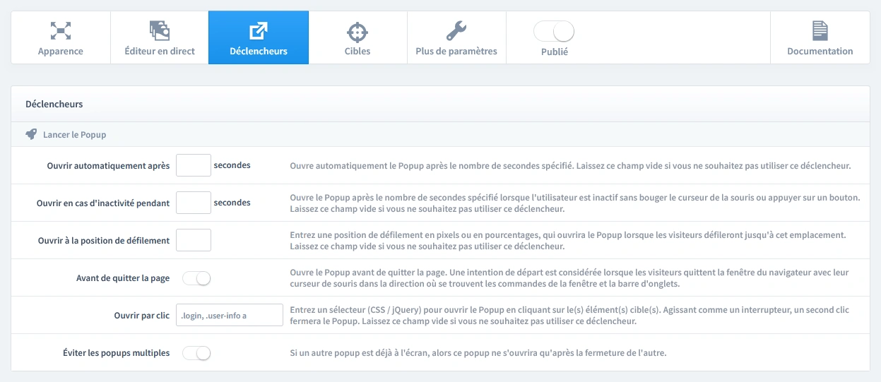 Configuration du déclencheur « Ouvrir au clic » pour un popup de connexion PrestaShop, avec un sélecteur CSS reliant le popup au bouton principal « Se connecter ».