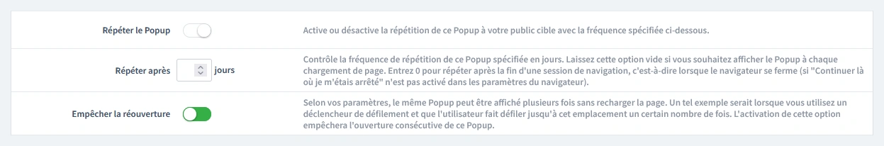 Configuration du contrôle de répétition avec l’option « Empêcher la réouverture » activée.