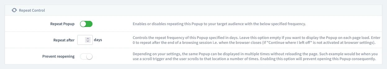 Configuring the 'Repeat Control' settings to allow the contact form popup to be reopened on demand each time a customer clicks the launcher, with 'Repeat Popup' enabled.