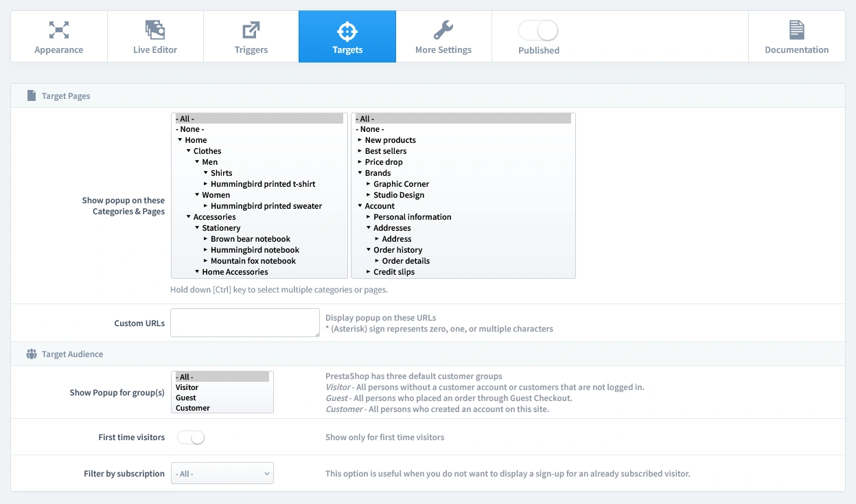 Configuring the targets for a PrestaShop contact form popup: setting it to display on all pages for all visitors to ensure maximum accessibility.