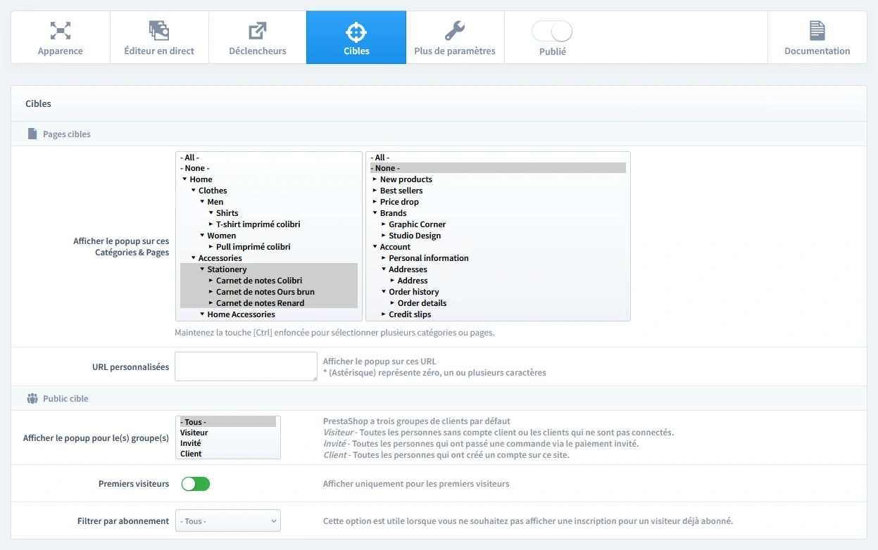 Configuration du ciblage d’un popup de coupon de réduction PrestaShop : sélection des pages produit et catégorie, avec filtrage sur les premiers visiteurs.