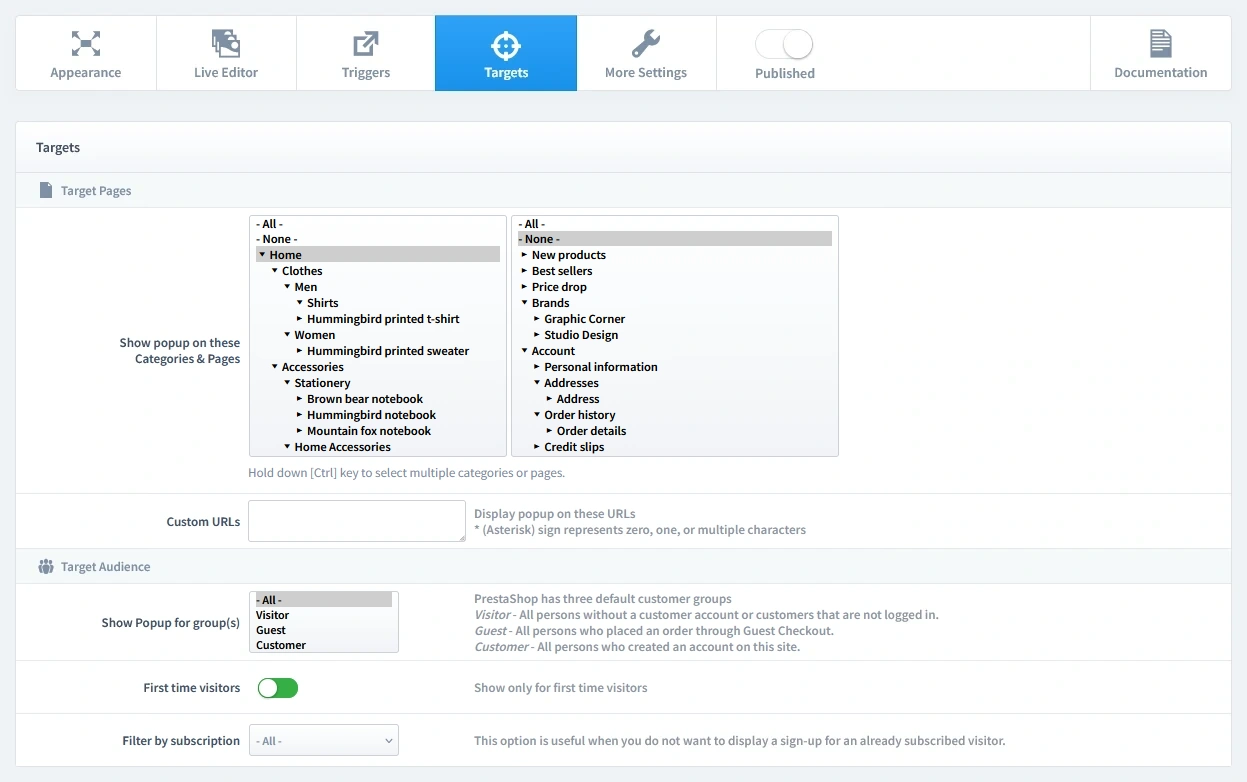 Configuring the targets for a PrestaShop welcome discount popup: selecting the Homepage and filtering for first-time, non-subscribed users.