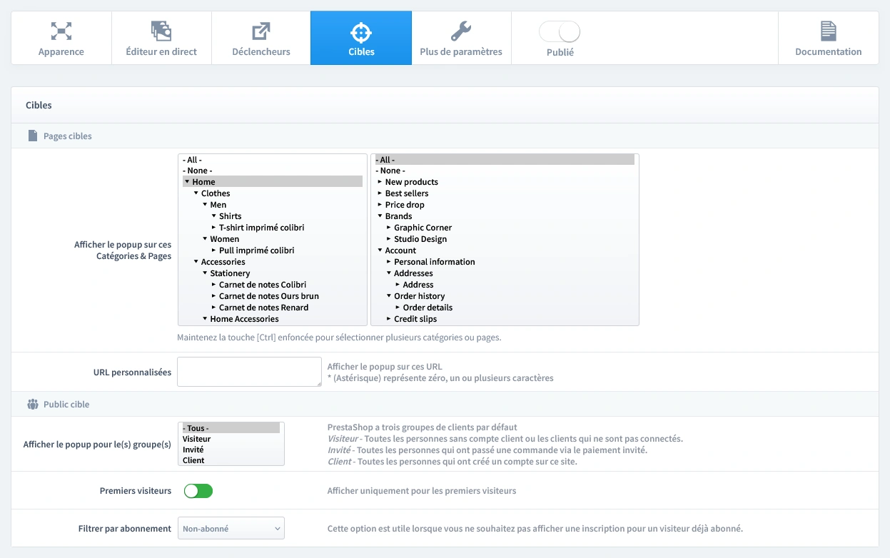 Configuration du ciblage pour un popup de boîte mystère PrestaShop : sélection de la page d'accueil et filtrage de l'audience pour les premiers visiteurs non abonnés.
