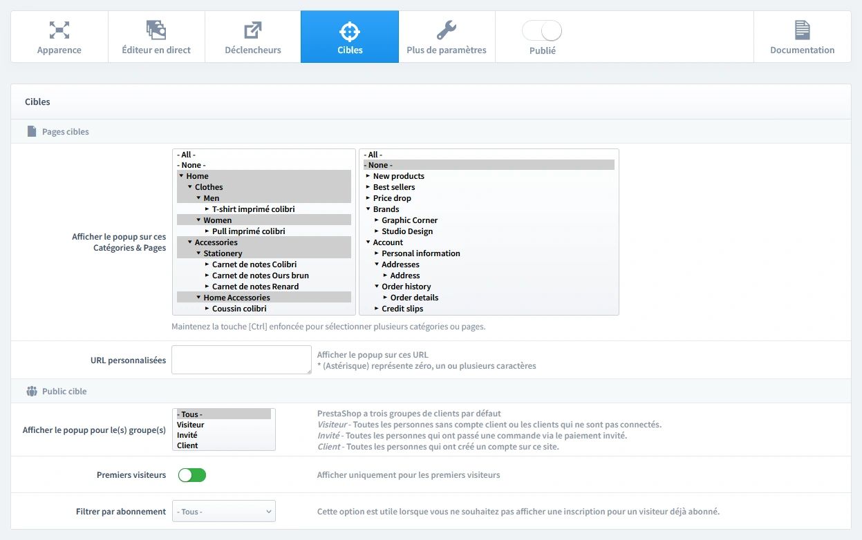 Configuration du ciblage d’un popup Spin to Win sur PrestaShop : sélection de la page d’accueil et des pages catégories, avec filtrage des visiteurs de première visite.