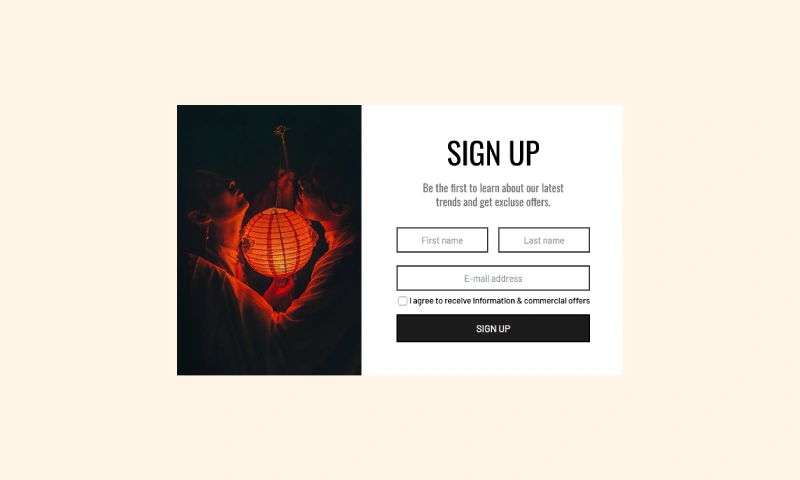 An example of a clean, user-friendly Brevo newsletter popup, designed to sync subscribers by collecting their first name, last name, and email.