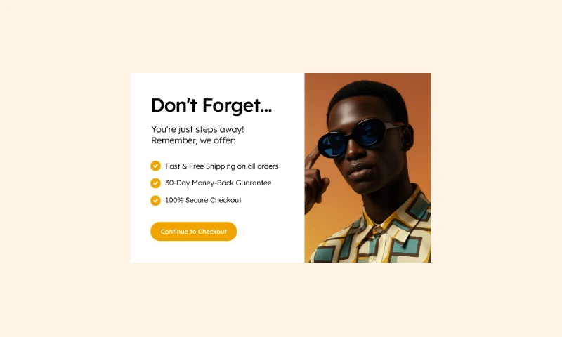 An example of a clean, user-friendly exit-intent popup designed to reduce cart abandonment by reminding shoppers of store benefits like free shipping and secure checkout.