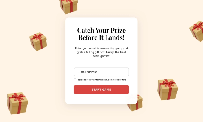 An example of an engaging, interactive falling gifts popup used to grow an email list and drive sales with a fun catch-the-prize game.