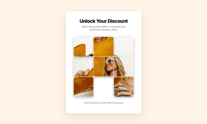 An example of an engaging and interactive sliding puzzle popup, used to drive sales and delight visitors with a fun challenge.