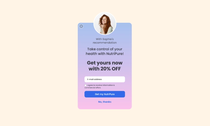 An example of a personalized welcome popup for an influencer campaign, designed to build trust and convert visitors with an exclusive offer.