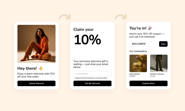 An example of a welcome popup used to convert new visitors into subscribers with a special discount offer.