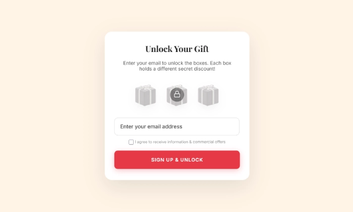 An example of an engaging and interactive mystery gift popup, used to grow an email list and drive sales with a fun 'pick a box' game.