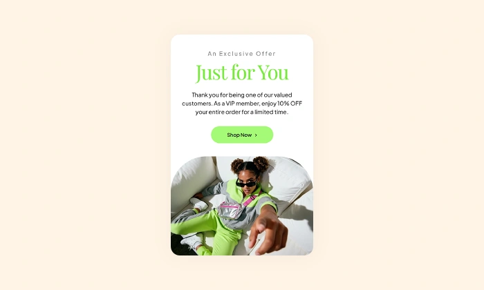 An example of a stylish and exclusive VIP popup used to reward loyal customers with a special discount.